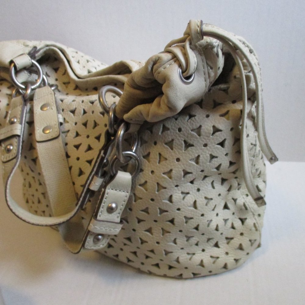 *FOSSIL Ivory Stenciled BOHO Tassel Accents Satchel Tote - Picture 3 of 9